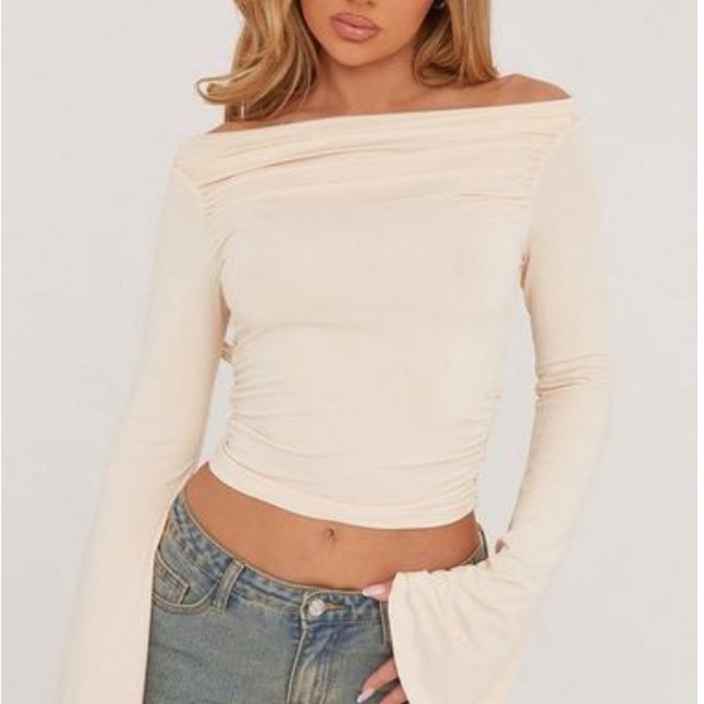 Cream Off-Shoulder Long Sleeve Top
